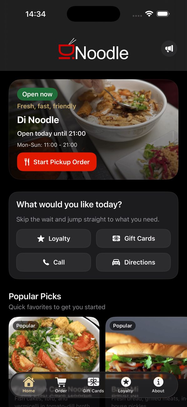 Écran d’accueil de l’application Di Noodle