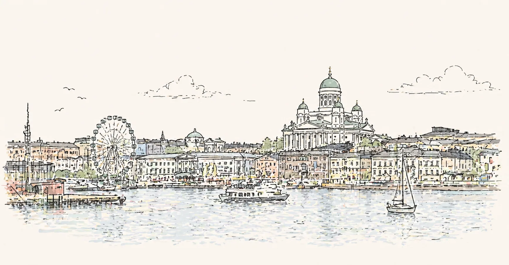 Illustration du front de mer et de la silhouette urbaine d'Helsinki