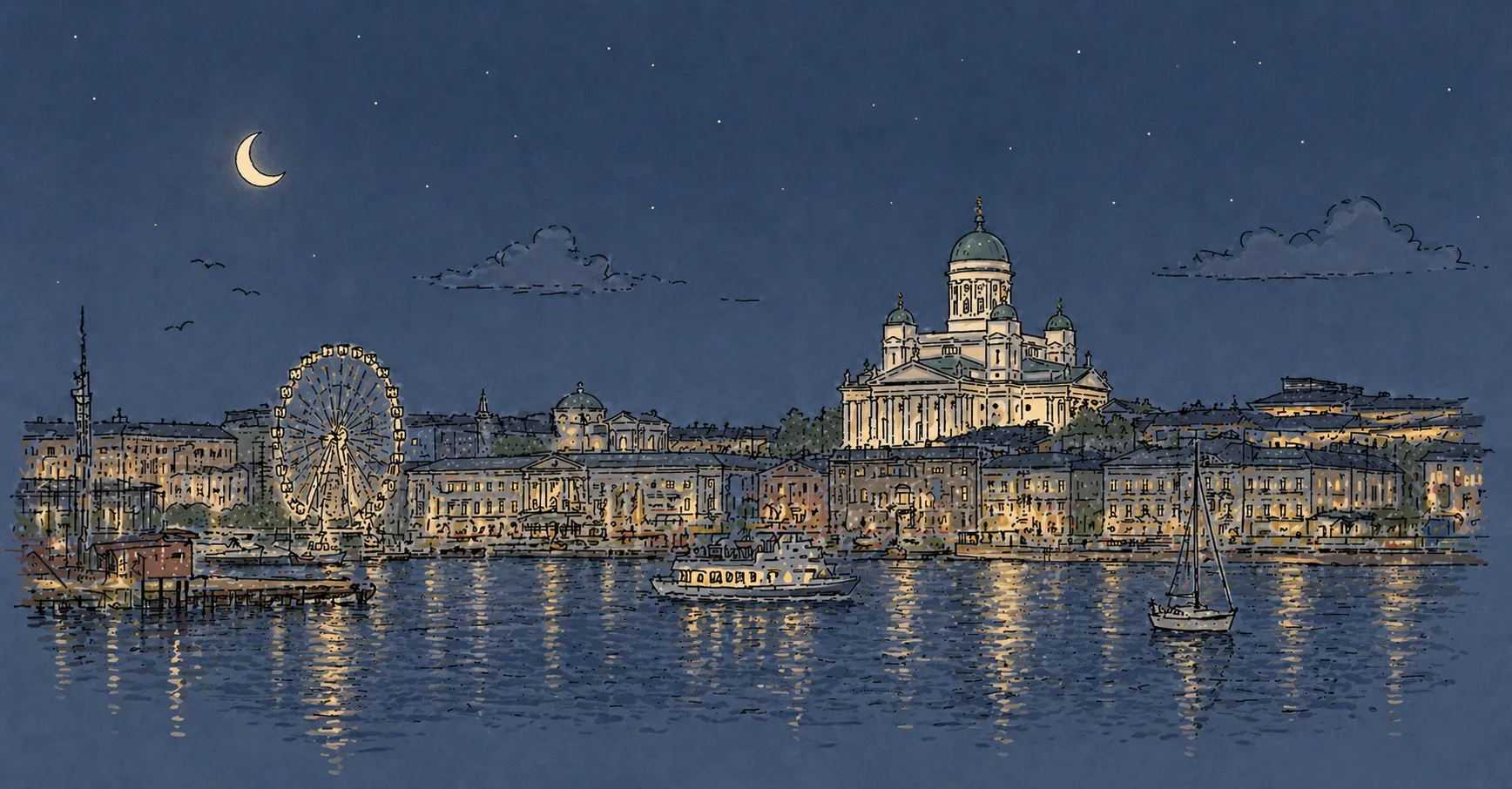 Illustration du front de mer et de la silhouette urbaine d'Helsinki